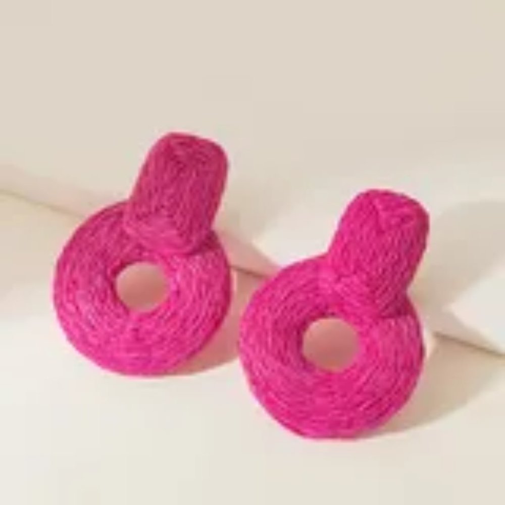 Round Pink Rattan Woven Earrings Barbiecore Lightweight Hoops Statement Chunky